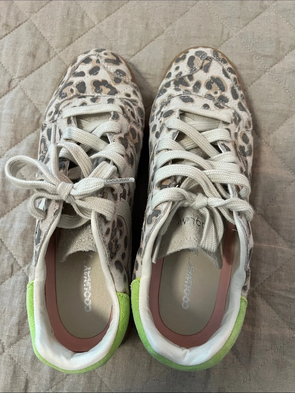 Coolway Leopard Print Sneakers with Beige and Neon Green Accents